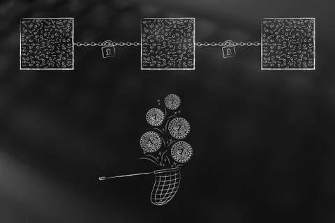 Blockchain with net catching crypto coins below Stockillustratie