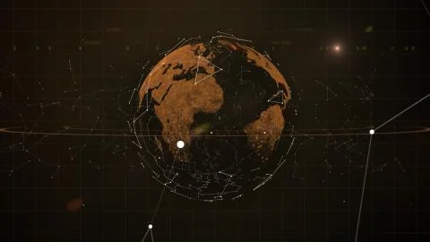 Blockchain network - Abstract connected dots on bright gold planet in space Stockillustratie