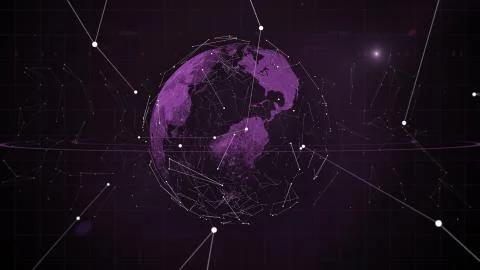 Blockchain network - Abstract connected dots on bright purple planet in space Stockillustratie
