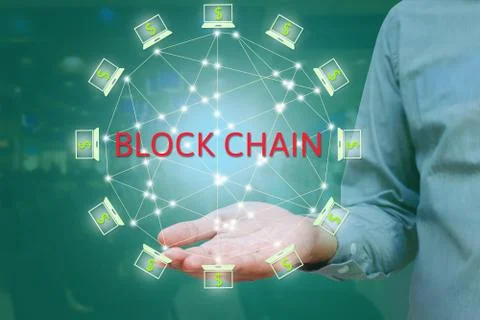 Blockchain network against double exposure concept. businessman show on han.. Stock Photos