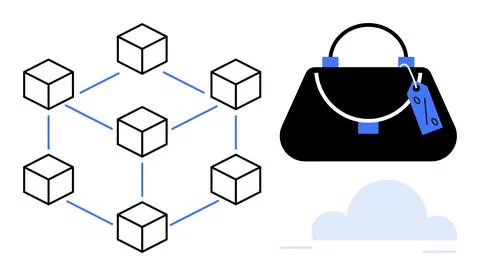 Blockchain Network and Black Handbag with Price Tag, Minimalistic Line Art .. Stock Illustration