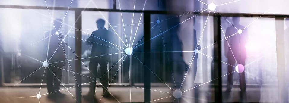 Blockchain network on blurred skyscrapers background. Financial technology an Stock Photos