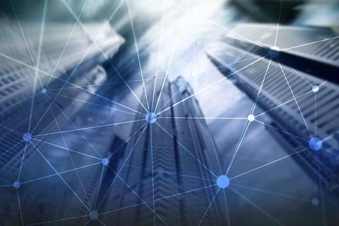 Blockchain network on blurred skyscrapers background. Financial technology .. Stock Photos