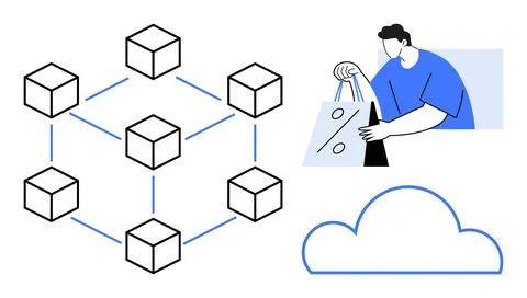 Blockchain Network, Cloud Computing, and E-commerce Customer Holding Discou.. Stock Illustration