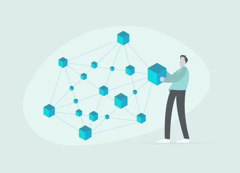 Blockchain network concept. Cartoon character a participant in a decentralized Stock Illustration