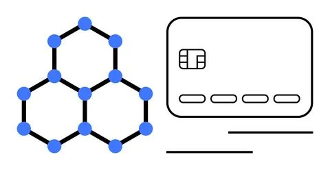 Blockchain network connected by blue nodes next to a credit card with an embe Illustrazione stock