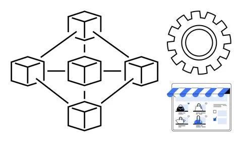 Blockchain Network with Connected Nodes, Gear, and Online Store Interface E.. Illustrazione stock