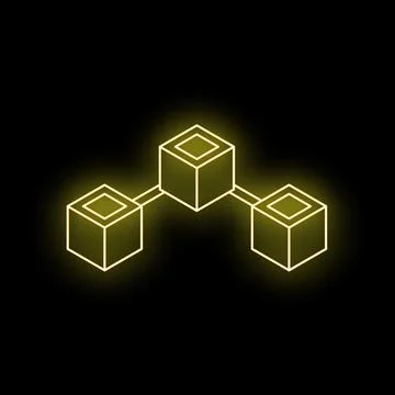 Blockchain network connecting cubes securely with lines on black background Stock Illustration