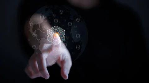Blockchain network connecting. Hand touching block chain connection financial Foto stock