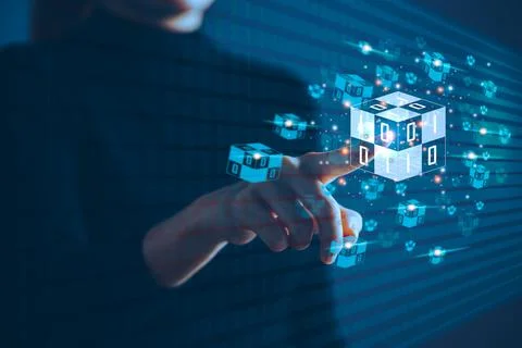 Blockchain network connecting. Hand touching block chain connection financial Foto stock