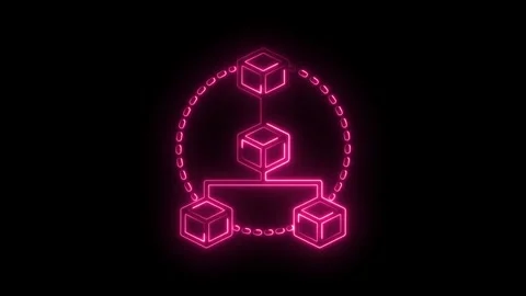 Blockchain network connecting nodes with a pink neon glow on a black backgrou Stock Footage 315958375