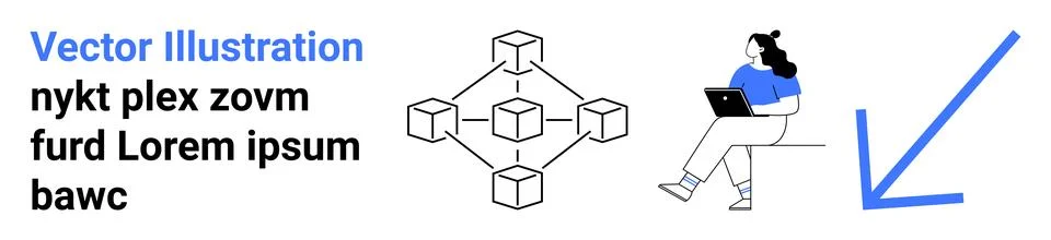 Blockchain network diagram with connected cubes, woman holding laptop in blue Stock Illustration