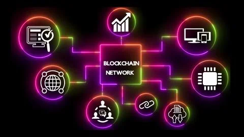 Blockchain network diagram with neon elements Stock Illustration