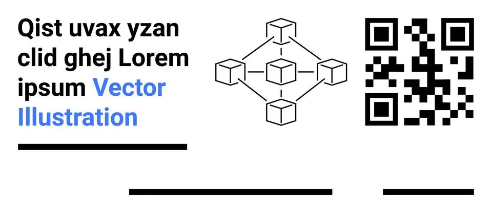Blockchain Network Diagram with QR Code and Lorem Ipsum Text Illustrazione stock