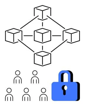 Blockchain Network Diagram with Security Lock and User Icons in Minimalisti.. Stock Illustration