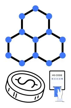 Blockchain network with hexagonal nodes, digital currency coin, and secure data Stock Illustration