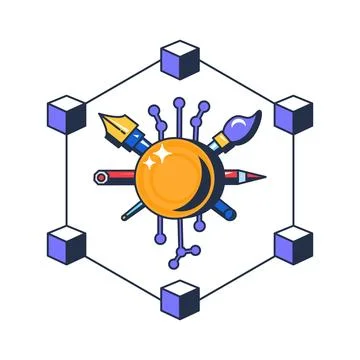 Blockchain network icon with cryptocurrency coin and creative tools Stock Illustration