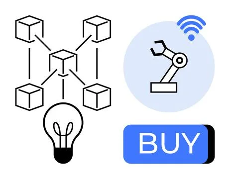 Blockchain network with interconnected blocks, light bulb, robotic arm indica Stock Illustration
