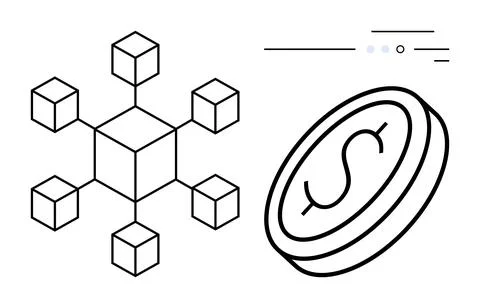 Blockchain network with interconnected cubes, cryptocurrency coin, and data t Illustrazione stock