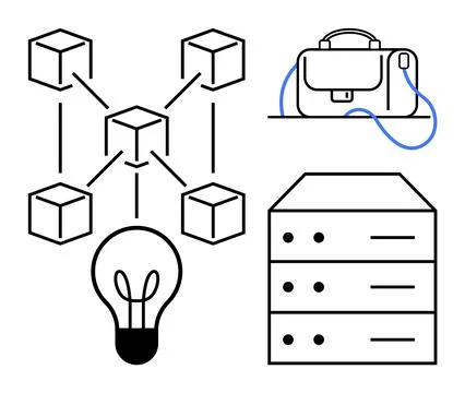Blockchain network with interconnected cubes, a glowing light bulb, a briefca Stock Illustration