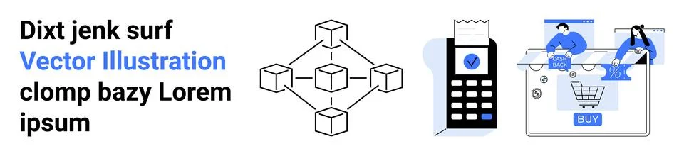 Blockchain network with interconnected cubes, a receipt issuing printer, and  Stock Illustration