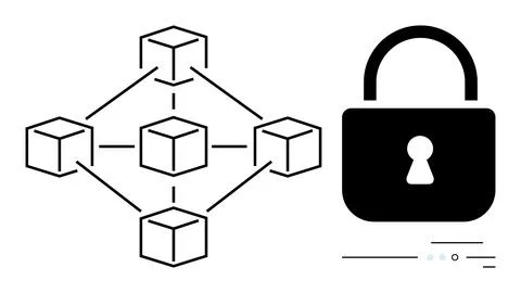 Blockchain network interconnected with lines alongside a padlock icon represe Illustrazione stock