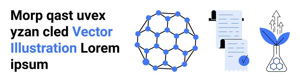 Blockchain network with interconnected nodes, documents with checkmark, blue  Illustrazione stock