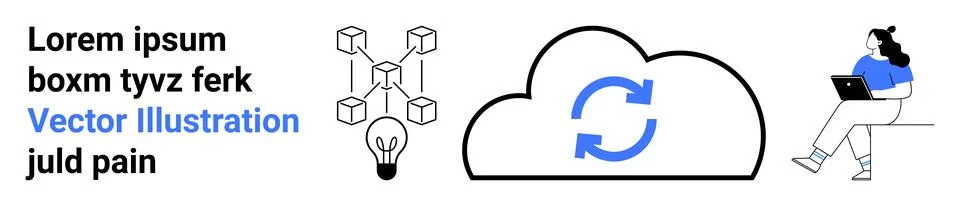 Blockchain network, lightbulb, cloud with sync arrows, and woman with laptop. Stock Illustration