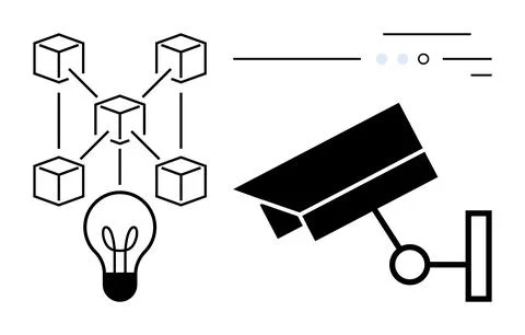 Blockchain network linked with light bulb and security camera. Ideal for tech Stock Illustration