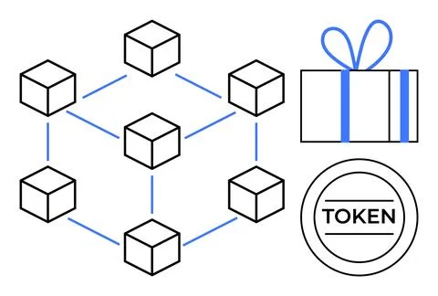 Blockchain network represented by connected cubes, a gift box with a blue rib Stock Illustration