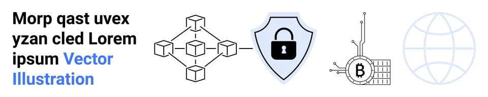 Blockchain network, secure shield with lock, microchip, and globe. Ideal for  Stock Illustration
