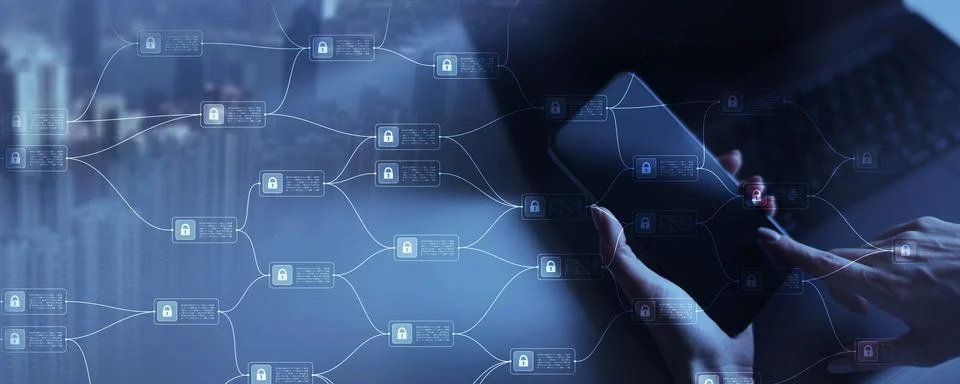 Blockchain Network Security and Data Encryption in Digital Transactions. Stock-Fotos