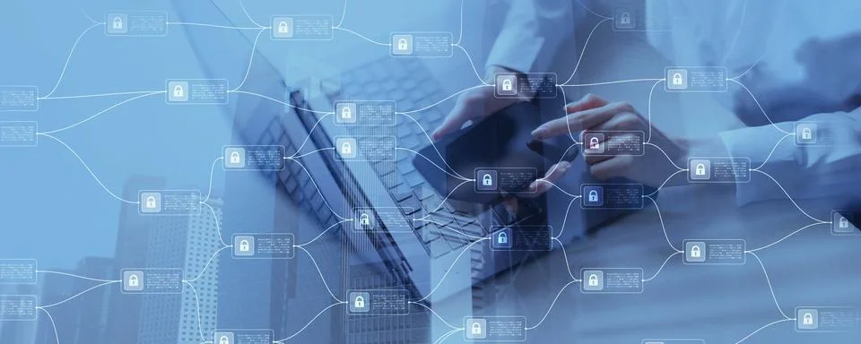 Blockchain Network Security and Data Encryption in Digital Transactions. Stock Photos