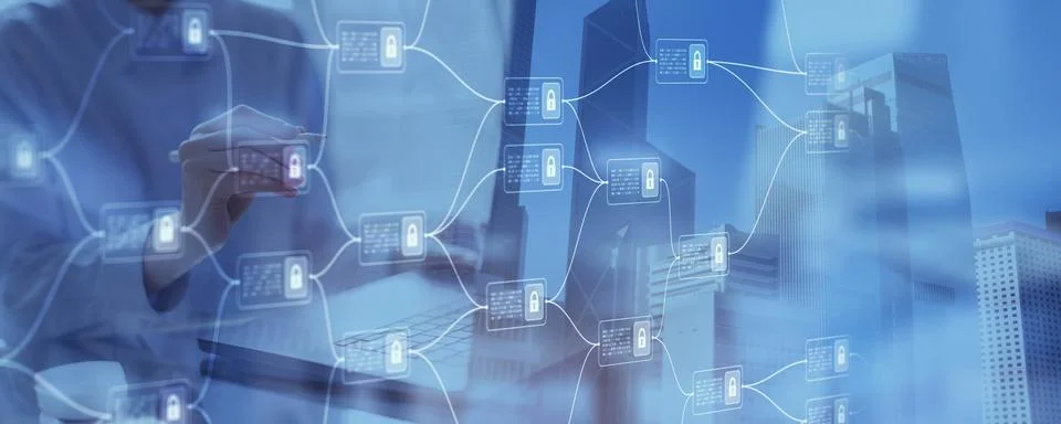 Blockchain Network Security and Data Encryption in Digital Transactions. Stock Photos