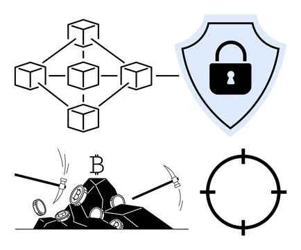 Blockchain Network, Security Shield, Bitcoin Mining, and Target Crosshair S.. 库存插图