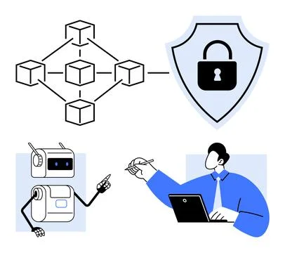 Blockchain network security shield with lock robot, and professional working  스톡 일러스트