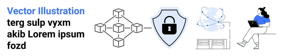 Blockchain network, shield lock, digital connections, computing devices, woma Stock Illustration