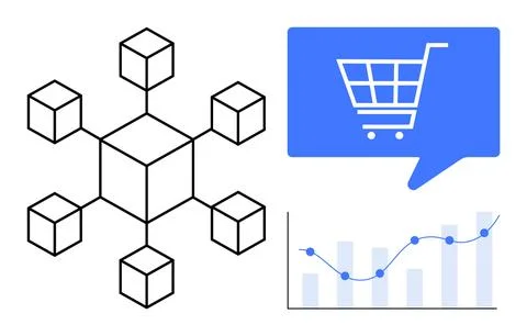 Blockchain network structure with connected cubes alongside blue chat bubble  Stock Illustration