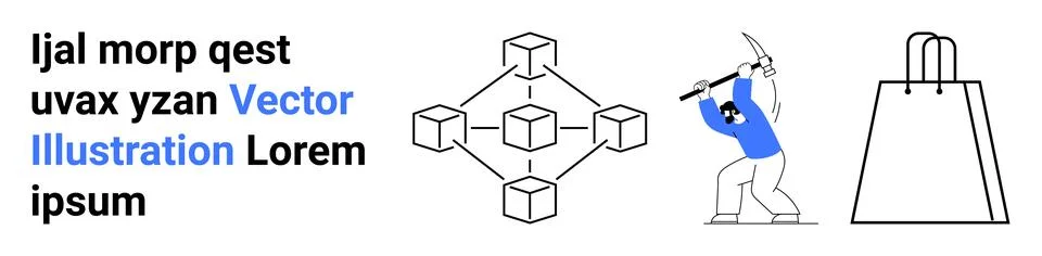 Blockchain network structure with connected nodes, worker mining cryptocurren Stock Illustration