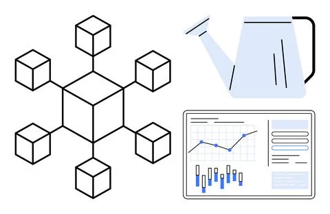 Blockchain network structure symbolizes connectivity and decentralization, wa Stock Illustration