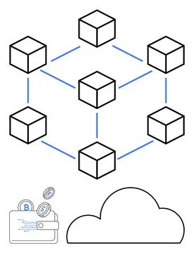 Blockchain Network with Wallet and Cloud Elements Highlighting Digital Stock Illustration