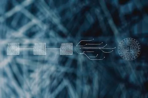 Blockchain next to internet connection and crypto coin イラスト素材