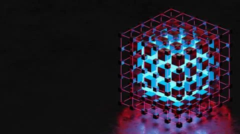 Blockchain nft data block on dark background. Futuristic crypto art 3d render Stock Illustration