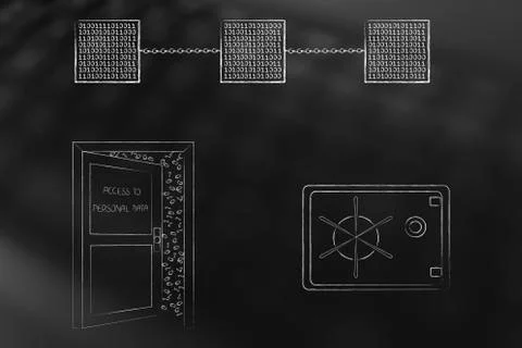 Blockchain over open door with access to personal data and safebox Stock Illustration