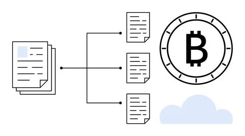 Blockchain Process with Distributed Documents and Bitcoin Symbol for Crypto.. Stock Illustration