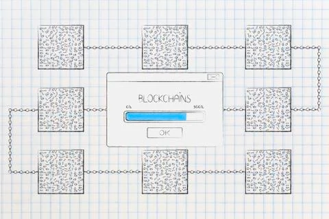 Blockchain with progress bar loading pop-up message above it Stock Illustration