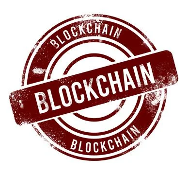 Blockchain - red round grunge button, stamp 写真素材
