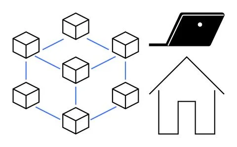 Blockchain, remote work, smart home, modern technology, digital connection, d Illustrazione stock