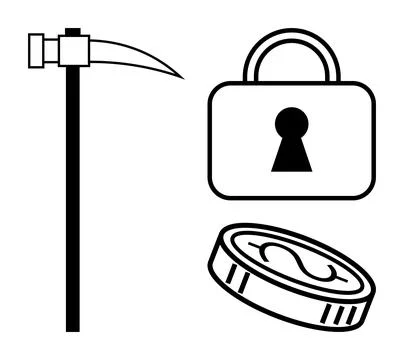 Blockchain Security and Cryptocurrency Mining Concept with Pickaxe, Lock, a.. Stock Illustration