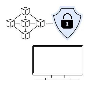 Blockchain Security and Data Protection Concept with Monitor and Shield Lock Illustrazione stock